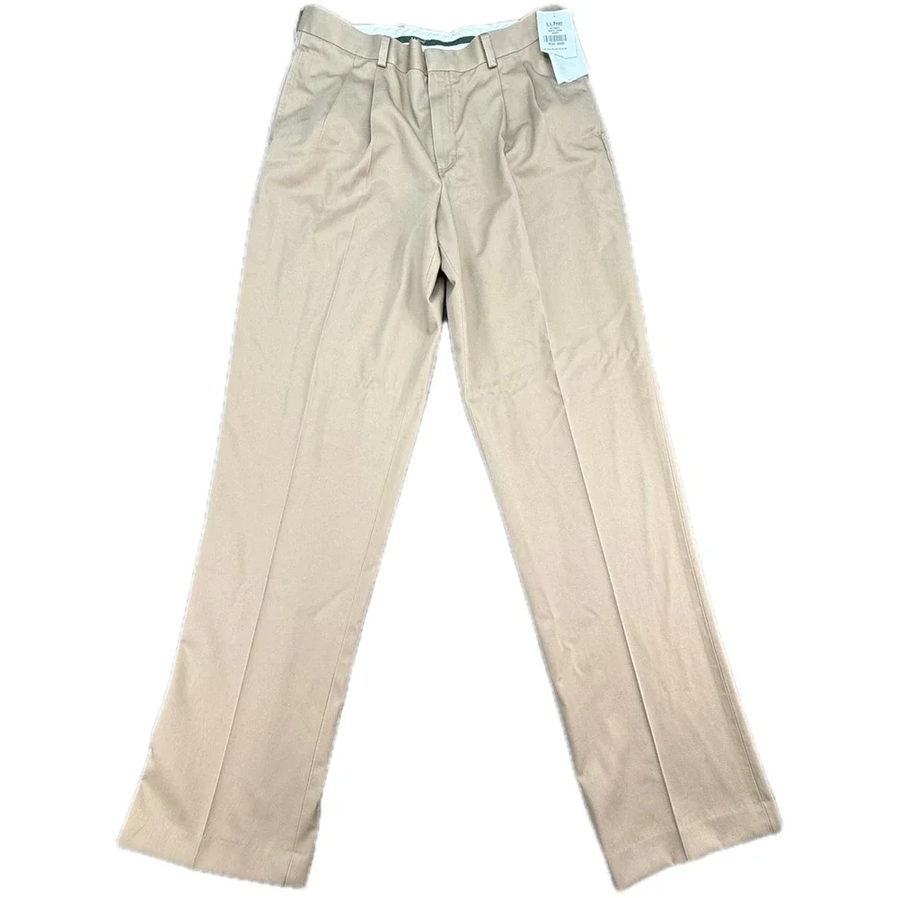 LL Bean Dress Chino Pants Mens 36 Dark Khaki Natural‎ Fit Plain Front Cotton